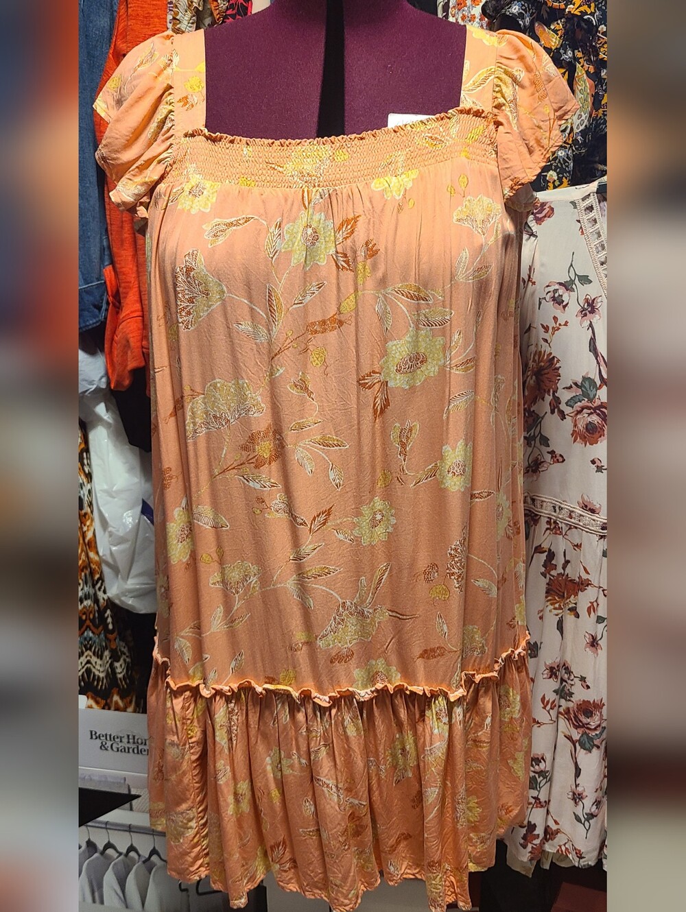 Peach Floral Boho Midi Dress